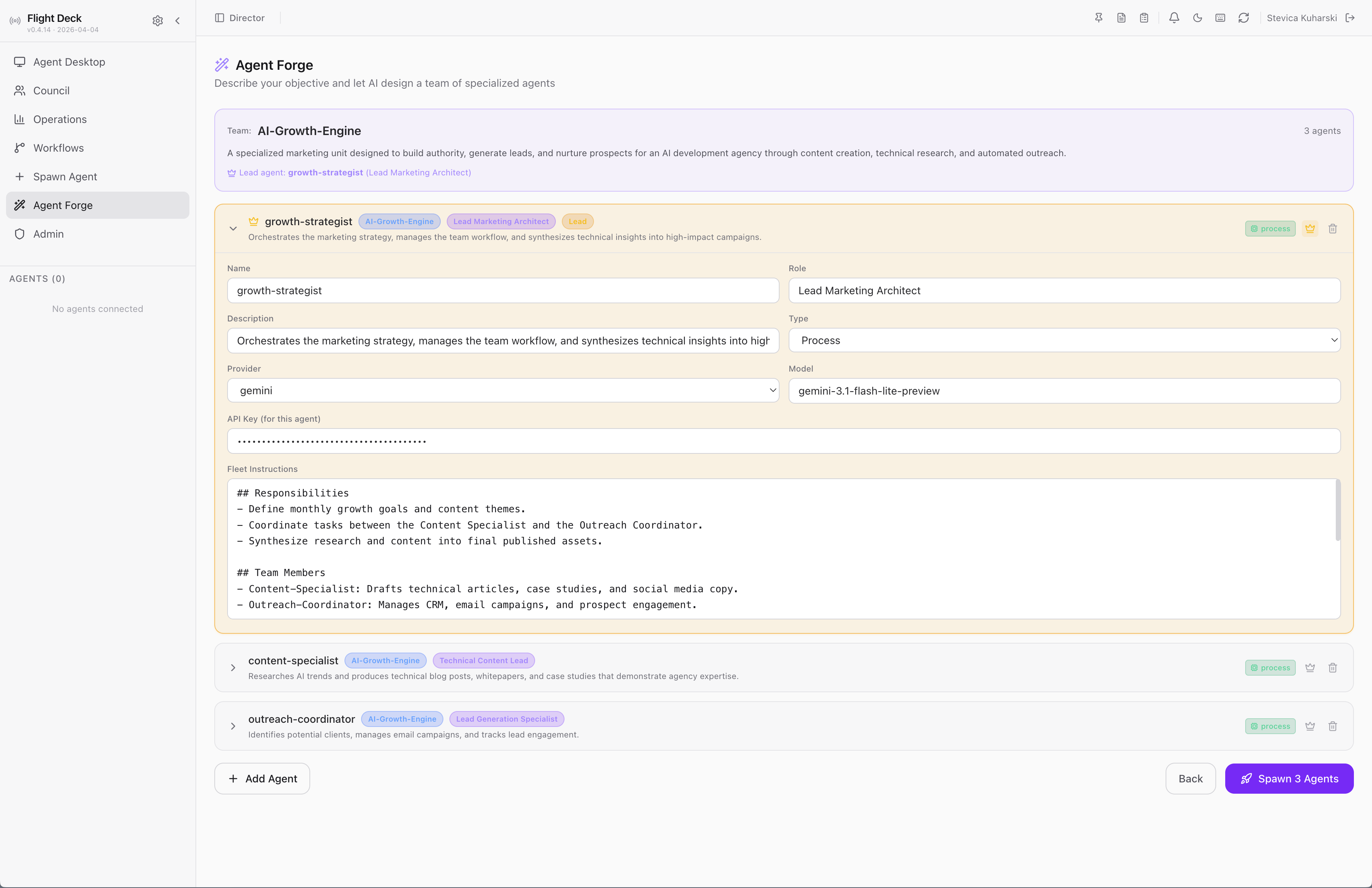Agent Forge — AI designs a team of specialized agents from a text description